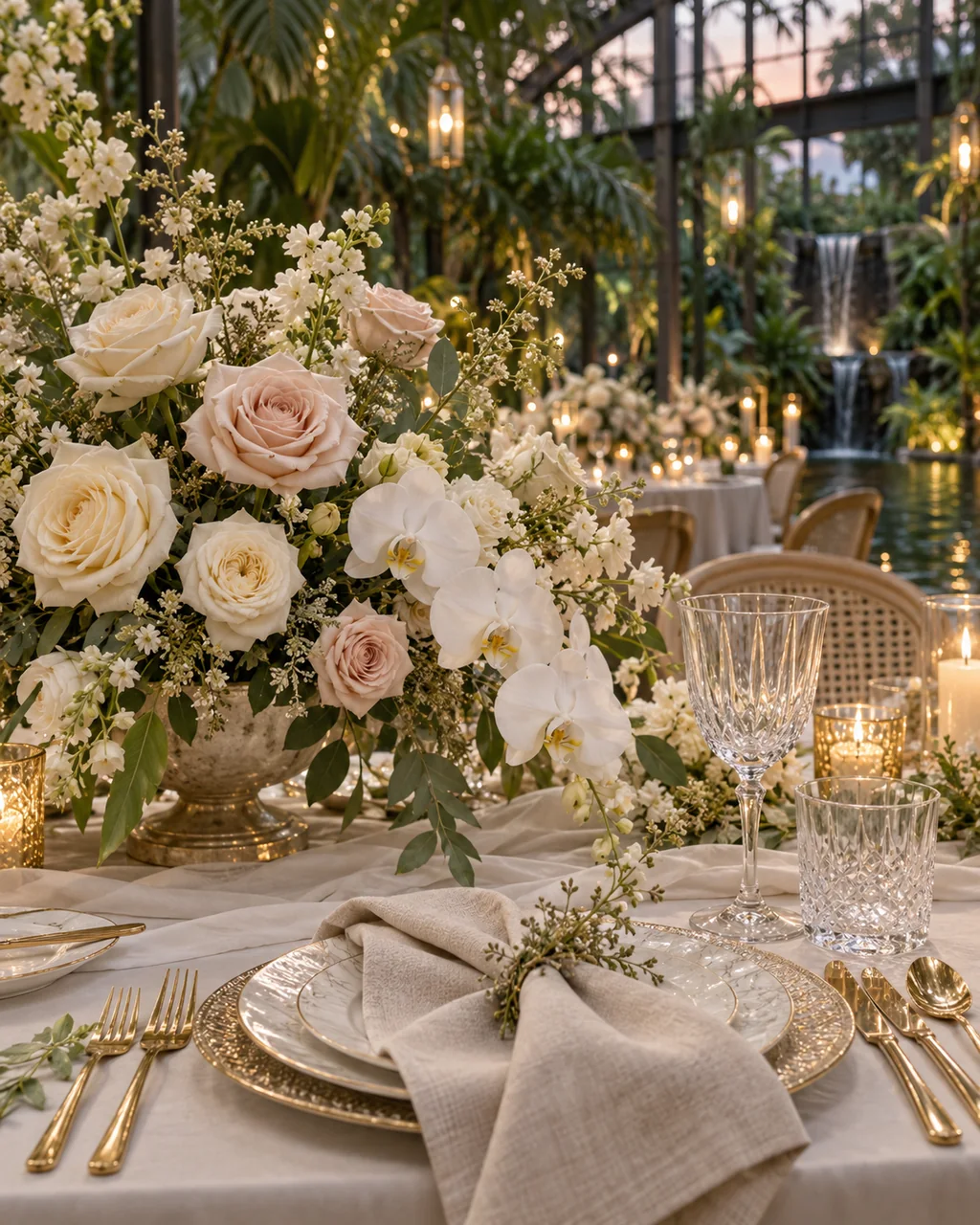 Susunan bunga putih dan blush dengan linen ivory di meja majlis